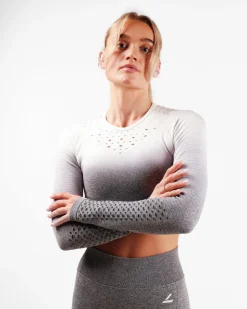 Fade Mesh Seamless Crop LS Black + Grey Ombre 2-PACK