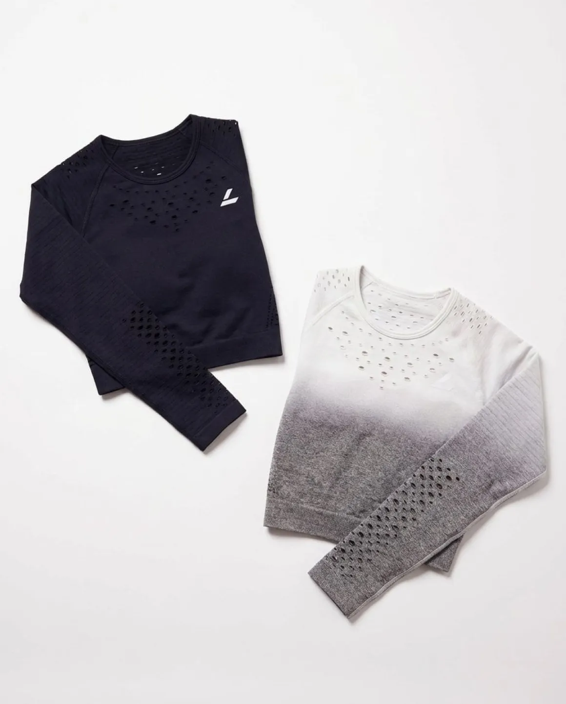 Fade Mesh Seamless Crop LS Black + Grey Ombre 2-PACK