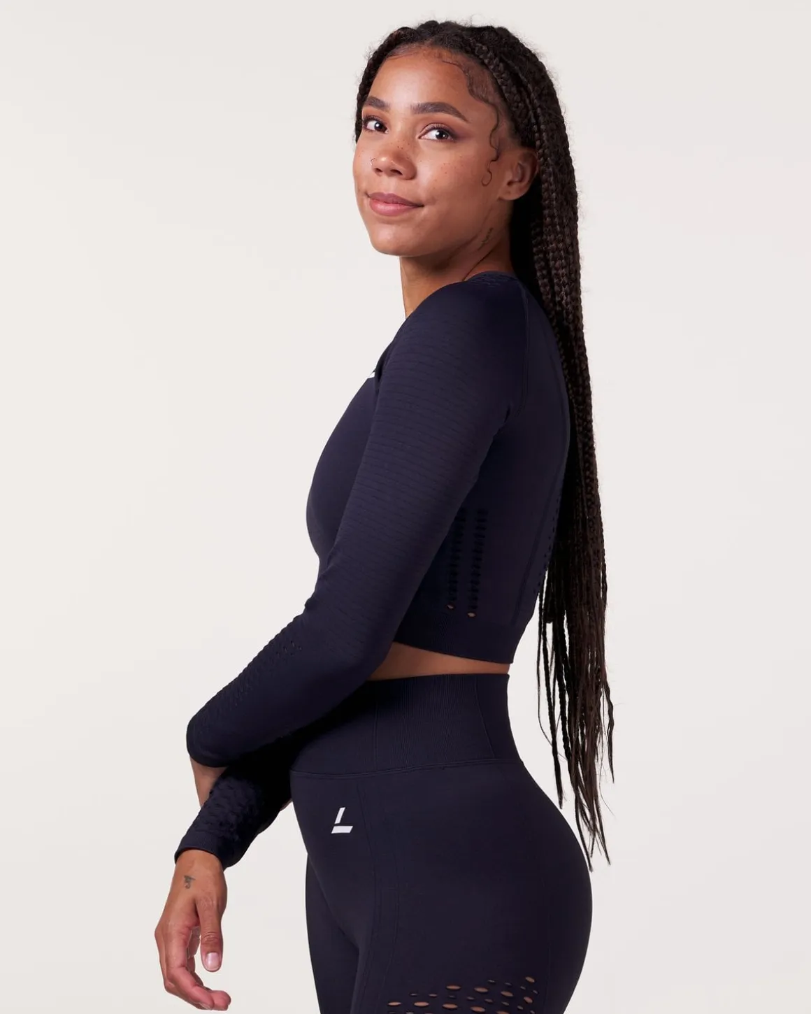 Fade Mesh Seamless Crop LS Black + Grey Ombre 2-PACK
