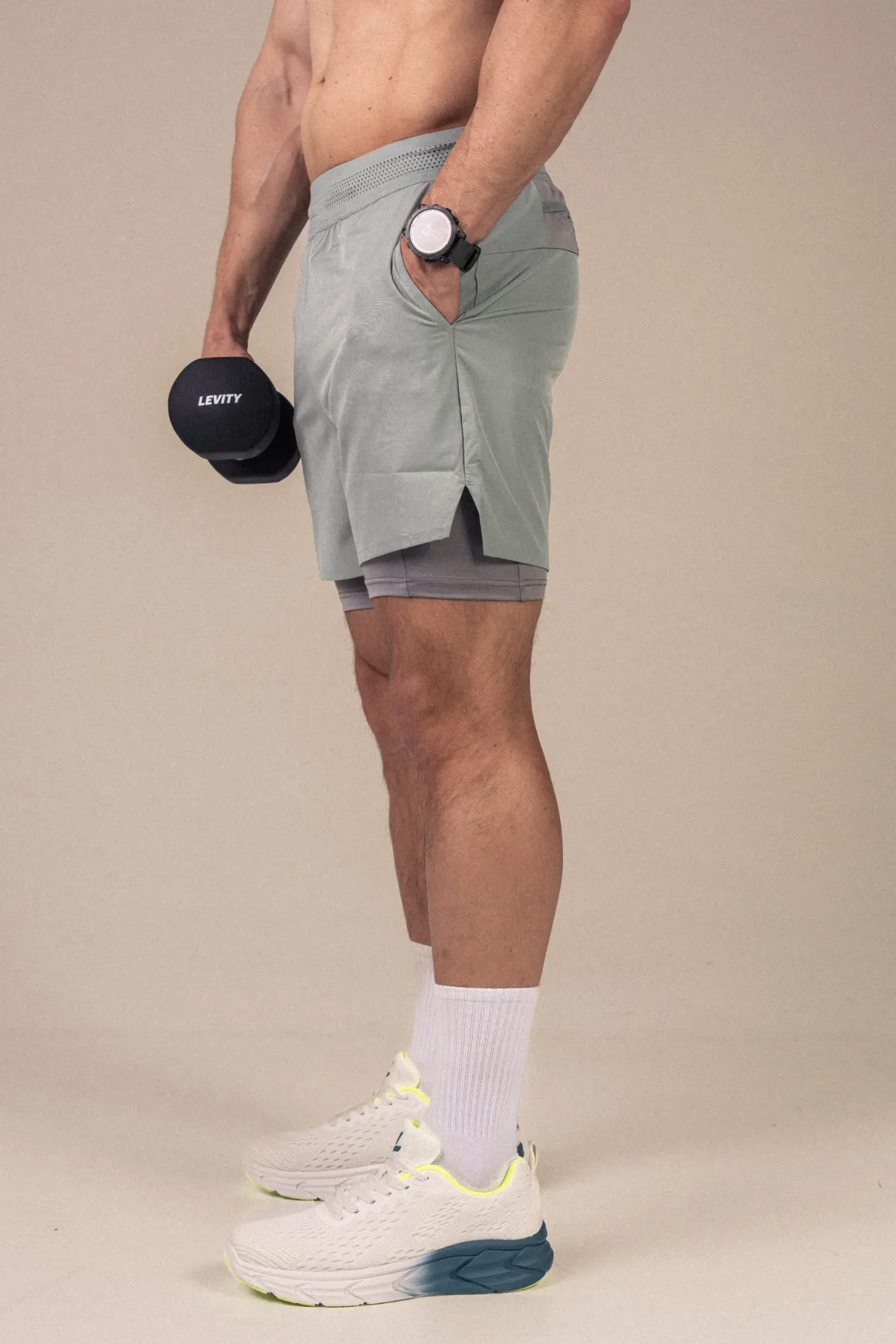 Hybrid 2-1 Pocket Shorts M Green Slate