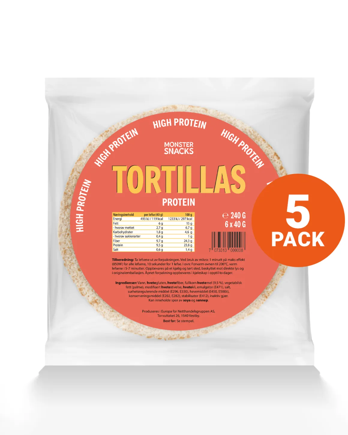 Monster Høyprotein Tortillas 5-Pack (30 lefser)