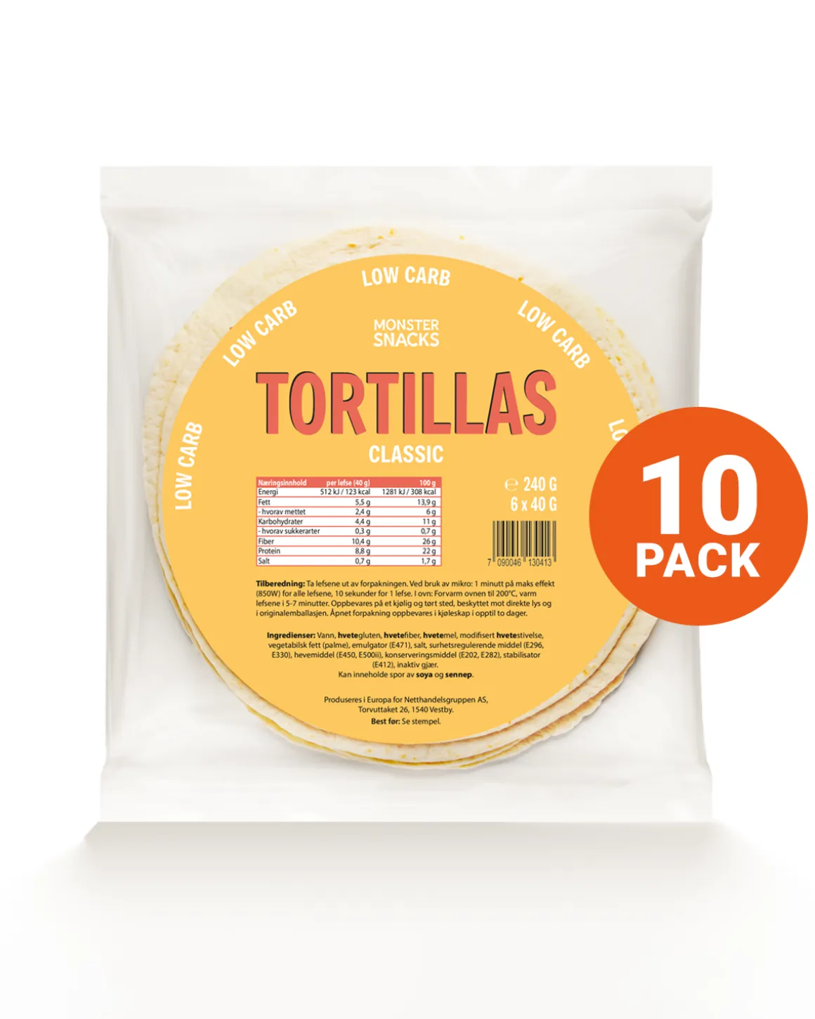 Monster Lavkarbo Tortillas 10-Pack (60 lefser)