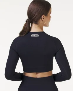 Perfect Rib Frill Crop Long Sleeve Black