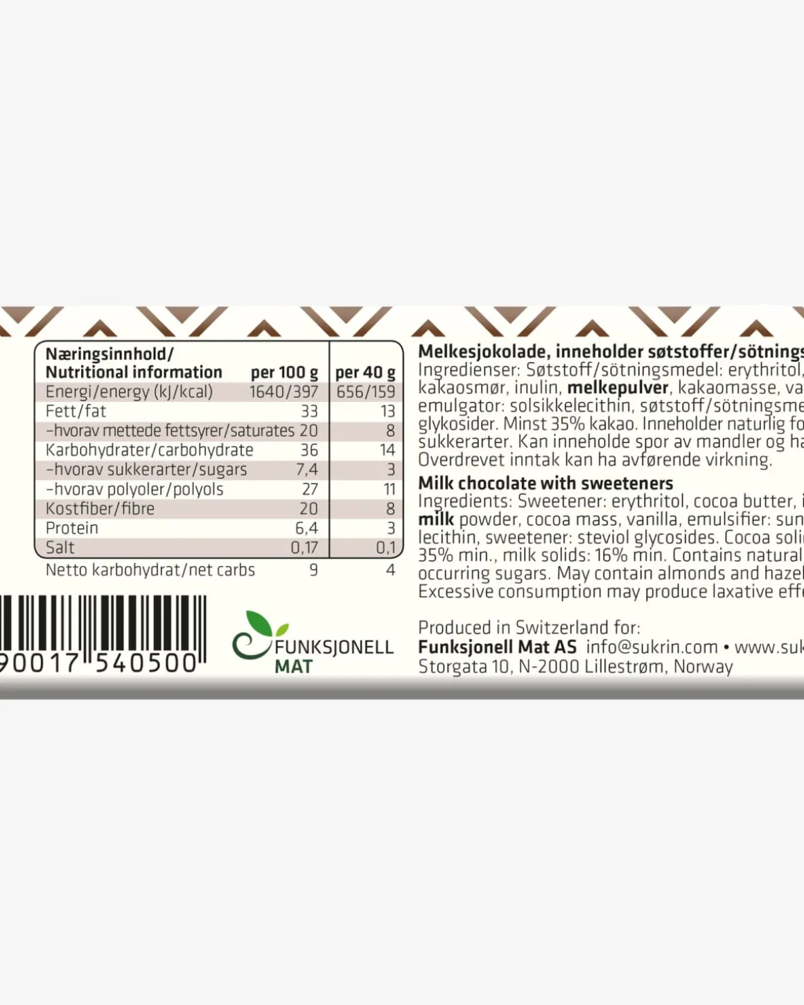 Sukrin Melkesjokolade 40g