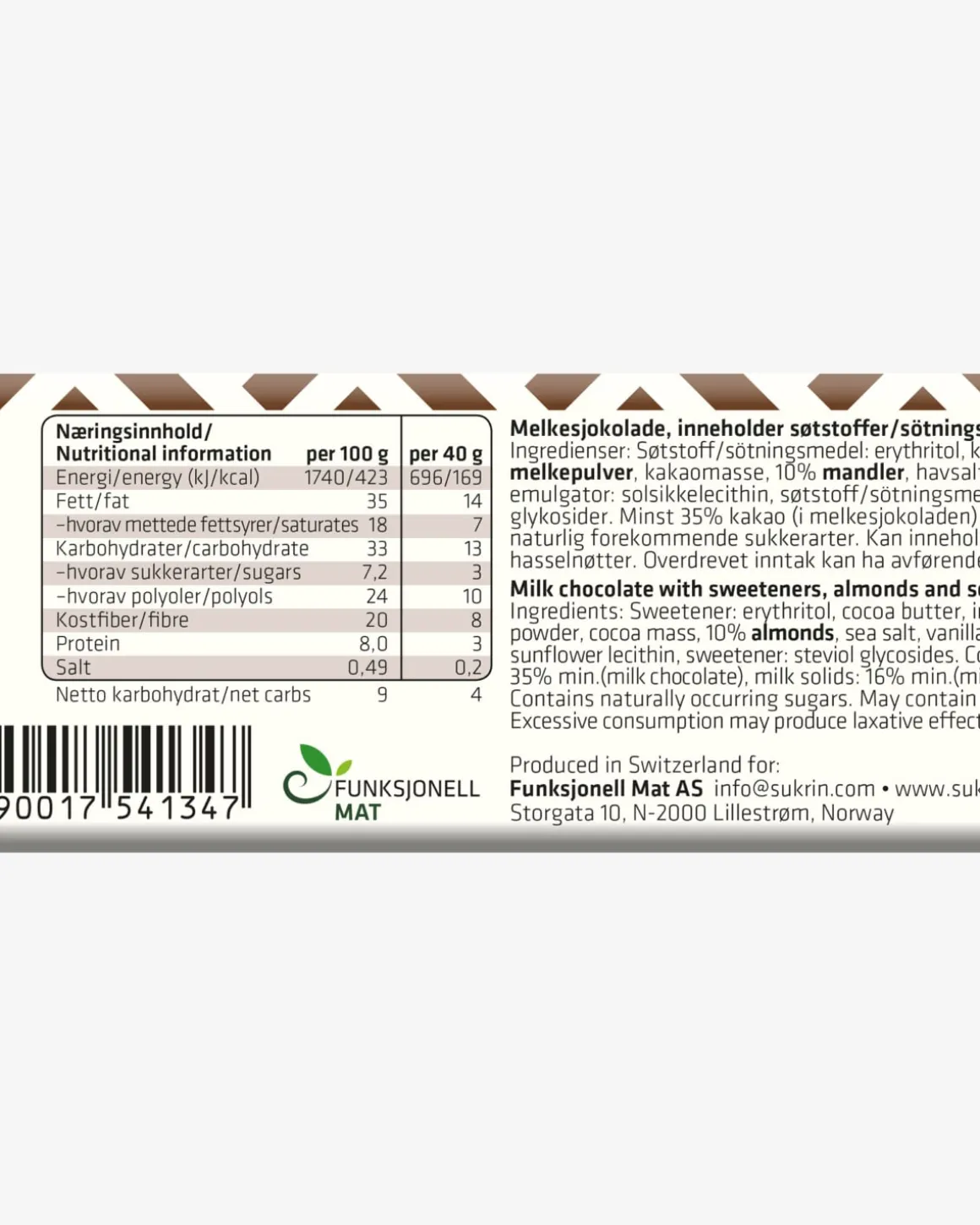 Sukrin Melkesjokolade Mandler og Havsalt 40g